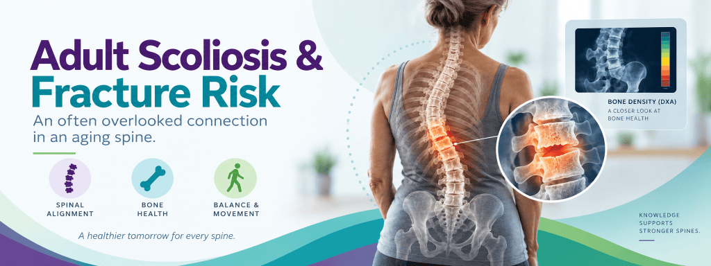Infographic on adult scoliosis and fracture risk, featuring a woman’s back with a highlighted spine. The image includes icons for spinal alignment, bone health, and balance & movement, along with a note on bone density and spinal health.