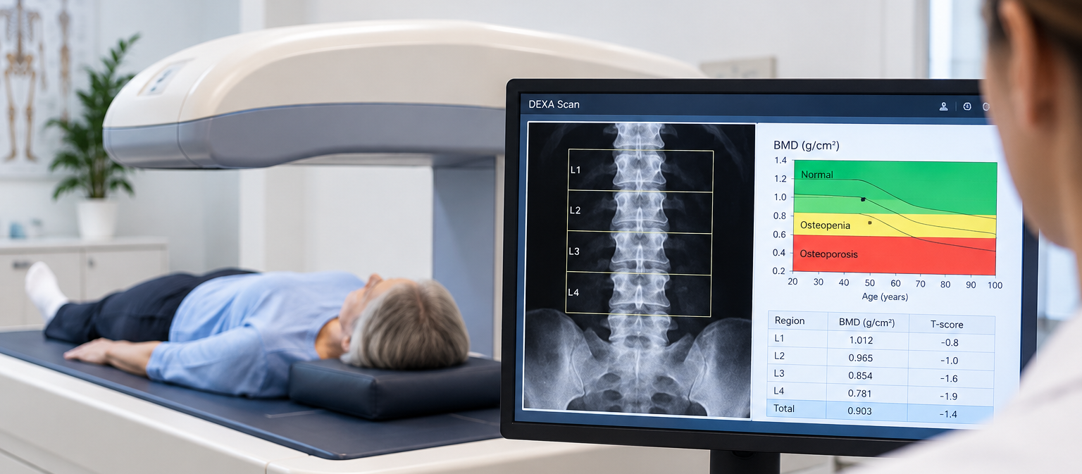A patient undergoing a DEXA scan lying on a table, with a scanning machine above them and a monitor displaying bone density results.