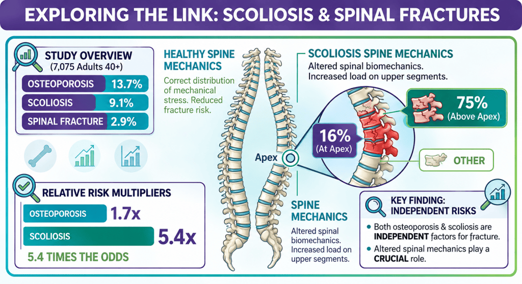 Infographic exploring the connection between scoliosis and spinal fractures, detailing study statistics and biomechanics effects on spine health.